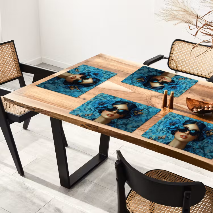 Placemat - 6 stuks - Vrouw - Bloemen - Vlinders - Blauw - Abstract — 5