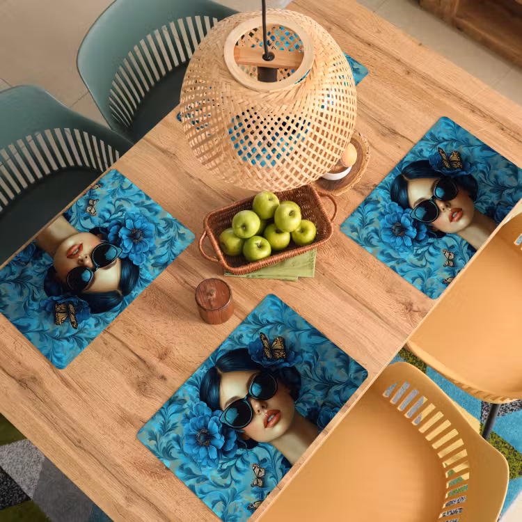 Placemat - 6 stuks - Vrouw - Bloemen - Vlinders - Blauw - Abstract — 6