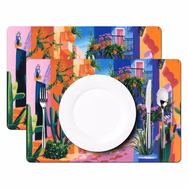 Placemat - 6 stuks - Geel - Blauw - Oranje - Huis — 2