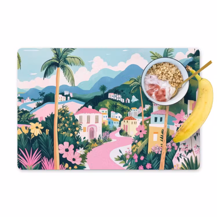 Placemat - 6 stuks - Kleurrijk - Huizen - Heuvels - Roze — 1