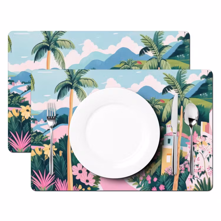 Placemat - 6 stuks - Kleurrijk - Huizen - Heuvels - Roze — 2