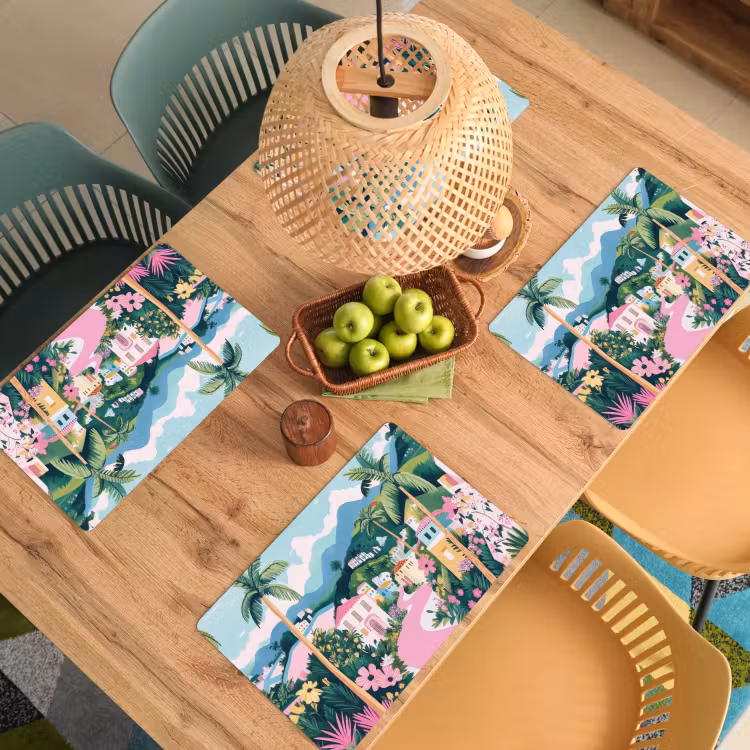 Placemat - 6 stuks - Kleurrijk - Huizen - Heuvels - Roze — 6