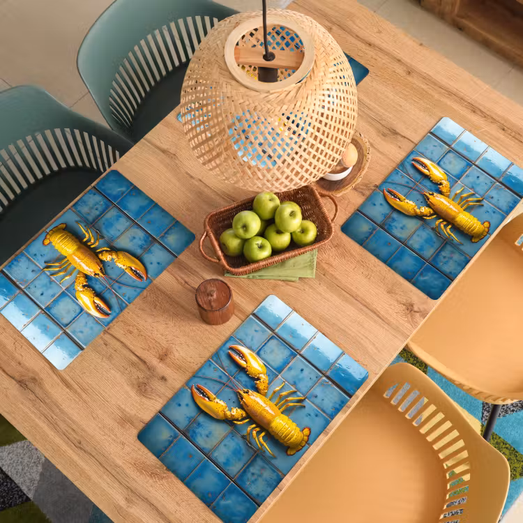 Placemat - 6 stuks - Kreeft - Geel - Blauw - Tegels — 6
