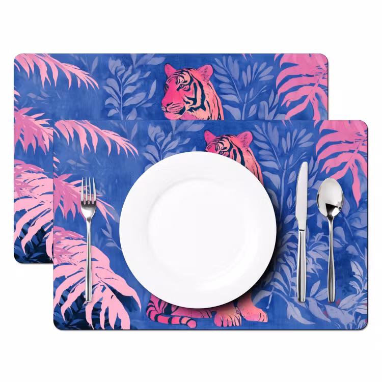 Placemat - 6 stuks - Tijger - Roze - Bladeren - Jungle — 2