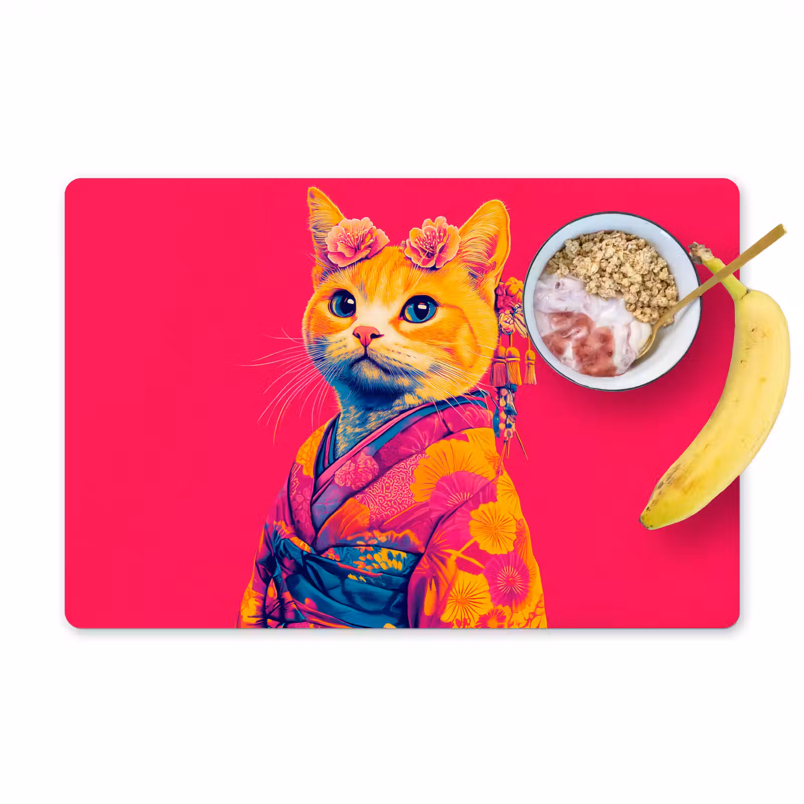 Placemat - 6 stuks - Kat - Kimono - Bloemen - Roze — 1