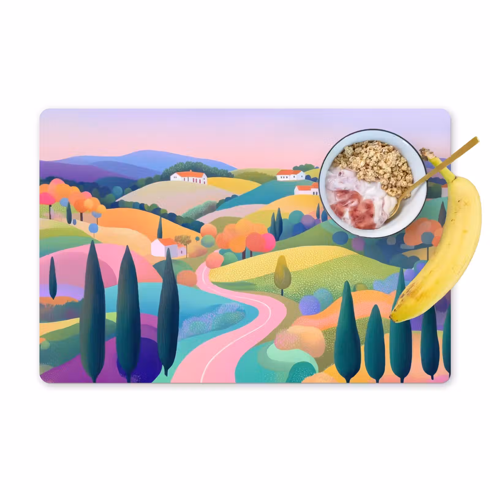 Placemat - 6 stuks - Landschap - Paars - Pastel - Huizen — 1