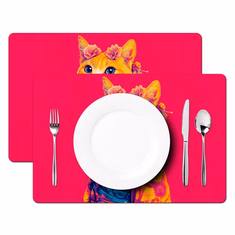Placemat - 6 stuks - Kat - Kimono - Bloemen - Roze — 2