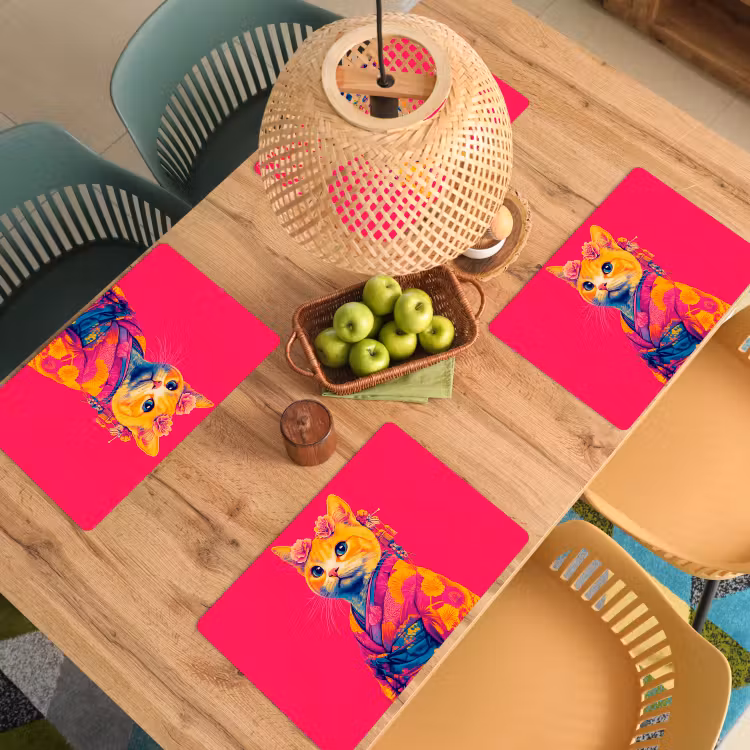 Placemat - 6 stuks - Kat - Kimono - Bloemen - Roze — 6