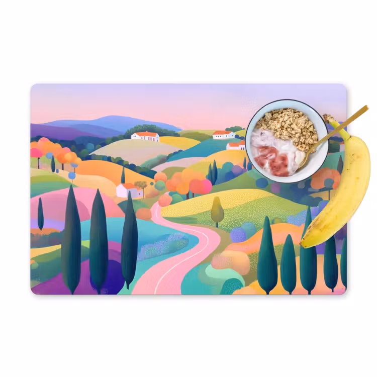 Placemat - 6 stuks - Landschap - Paars - Pastel - Huizen — 1