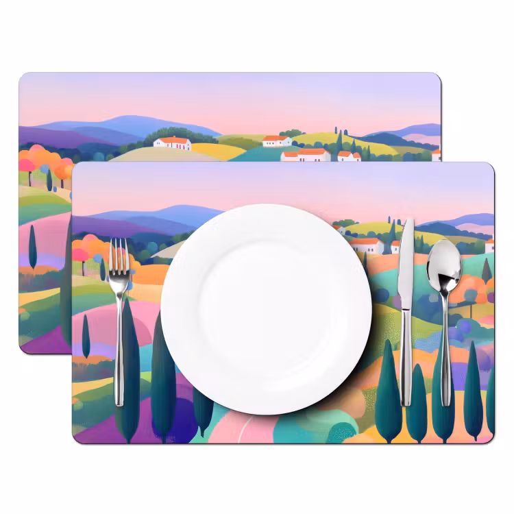 Placemat - 6 stuks - Landschap - Paars - Pastel - Huizen — 2