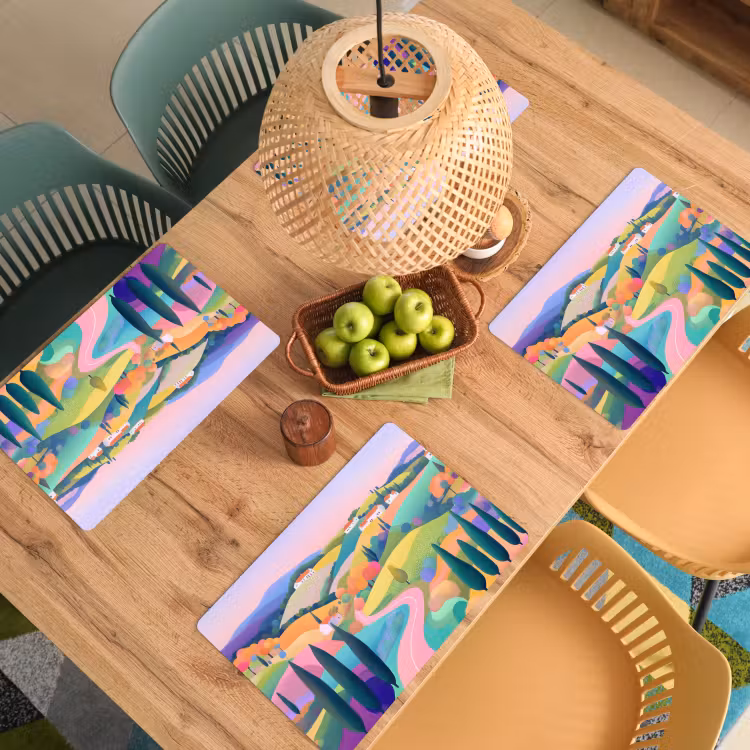 Placemat - 6 stuks - Landschap - Paars - Pastel - Huizen — 6