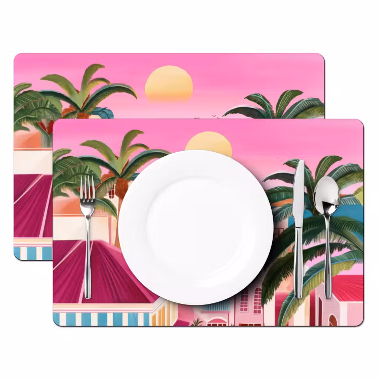 Placemat - 6 stuks - Stad - Roze - Palmbomen — 2