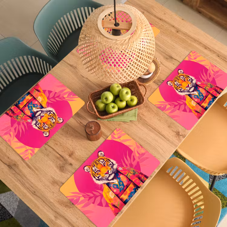Placemat - 6 stuks - Tijger - Kimono - Planten - Roze — 6