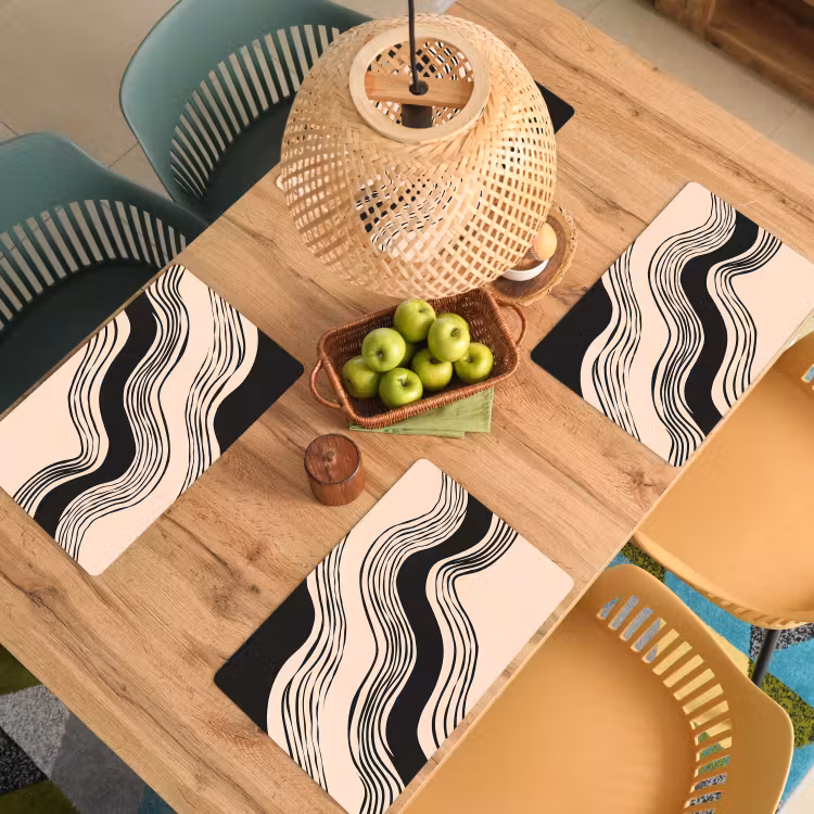 Placemat - 6 stuks - Golven - Zwart - Zandkleur — 6