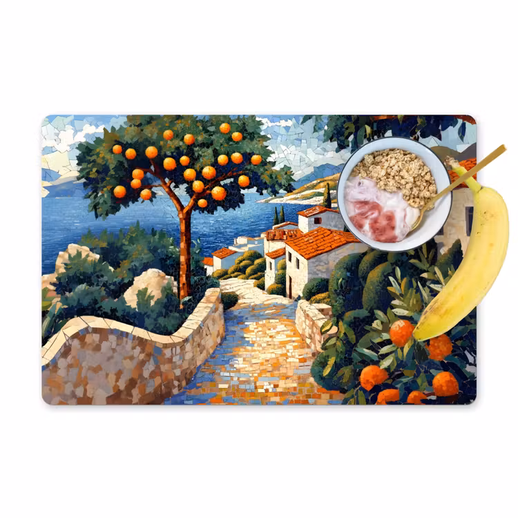 Placemat - 6 stuks - Huizen - Mozaïek - Sinaasappelbomen - Zee — 1