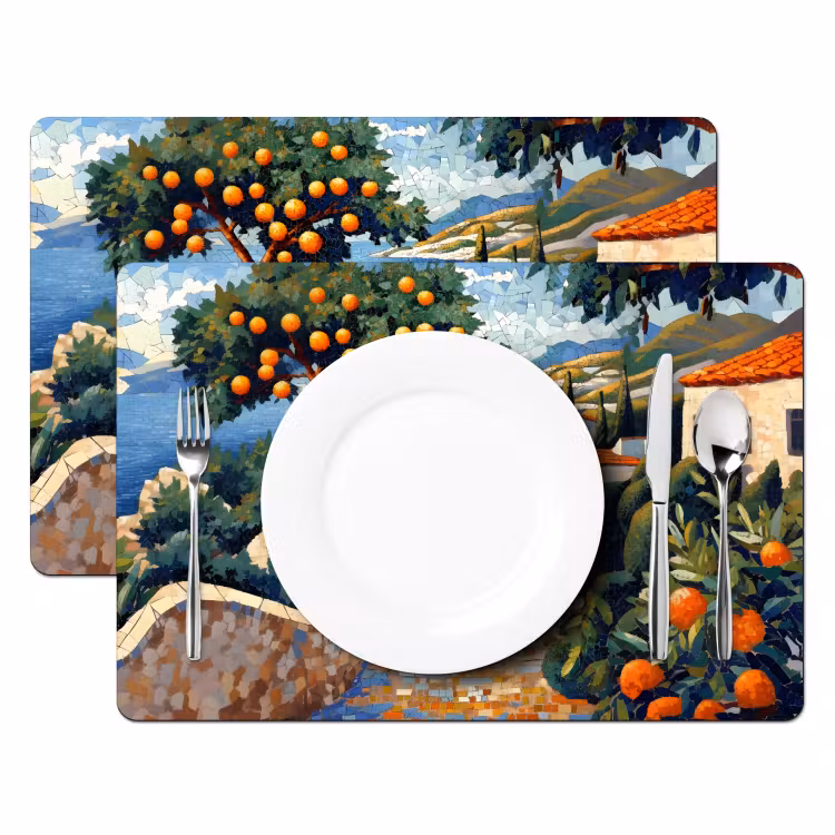 Placemat - 6 stuks - Huizen - Mozaïek - Sinaasappelbomen - Zee — 2