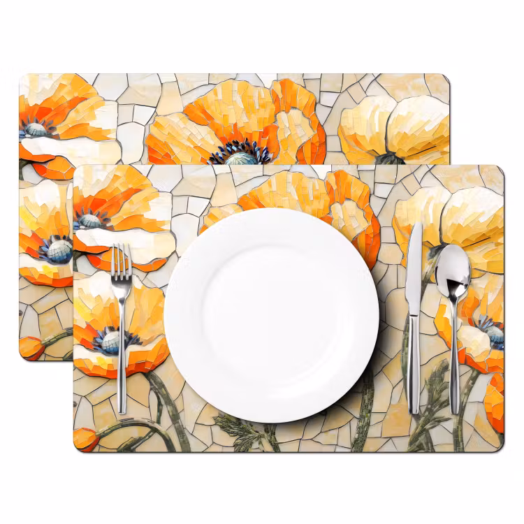 Placemat - 6 stuks - Klaprozen - Oranje - Mozaïek - Bladeren — 2