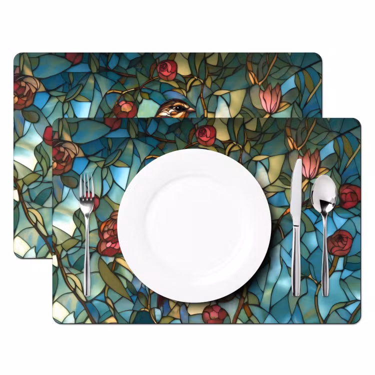 Placemat - 6 stuks - Vogel - Tak - Rozen - Mozaïek — 2