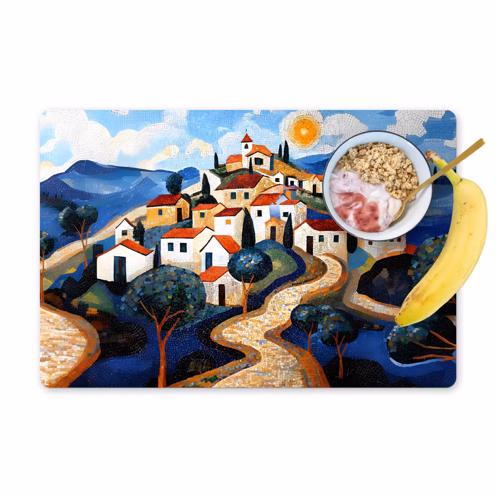 Placemat - 6 stuks - Dorp - Heuvelachtig - Zon - Mozaïek — 1