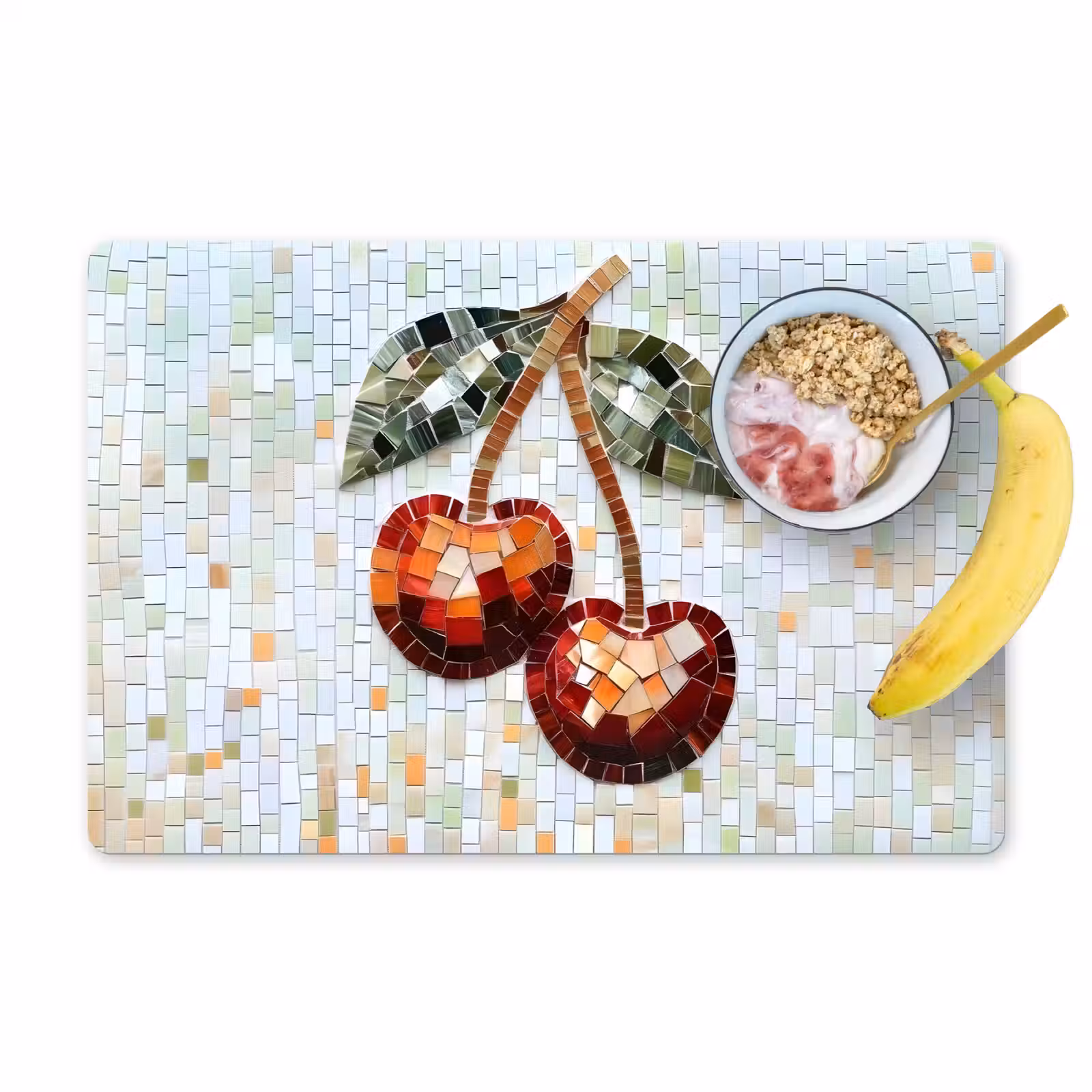 Placemat - 6 stuks - Kersen - Rood - Mozaïek - Blaadjes — 1