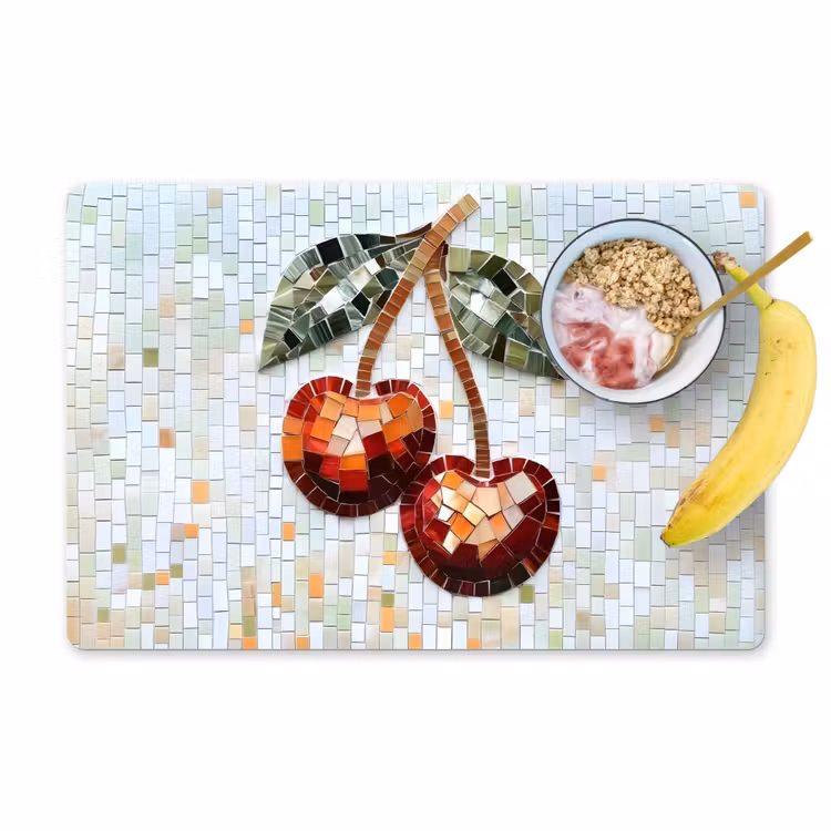 Placemat - 6 stuks - Kersen - Rood - Mozaïek - Blaadjes — 1