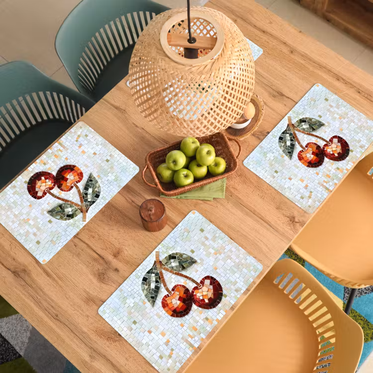 Placemat - 6 stuks - Kersen - Rood - Mozaïek - Blaadjes — 6