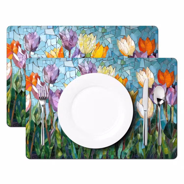Placemat - 6 stuks - Mozaïek - Veld - Tulpen - Kleurrijk — 2
