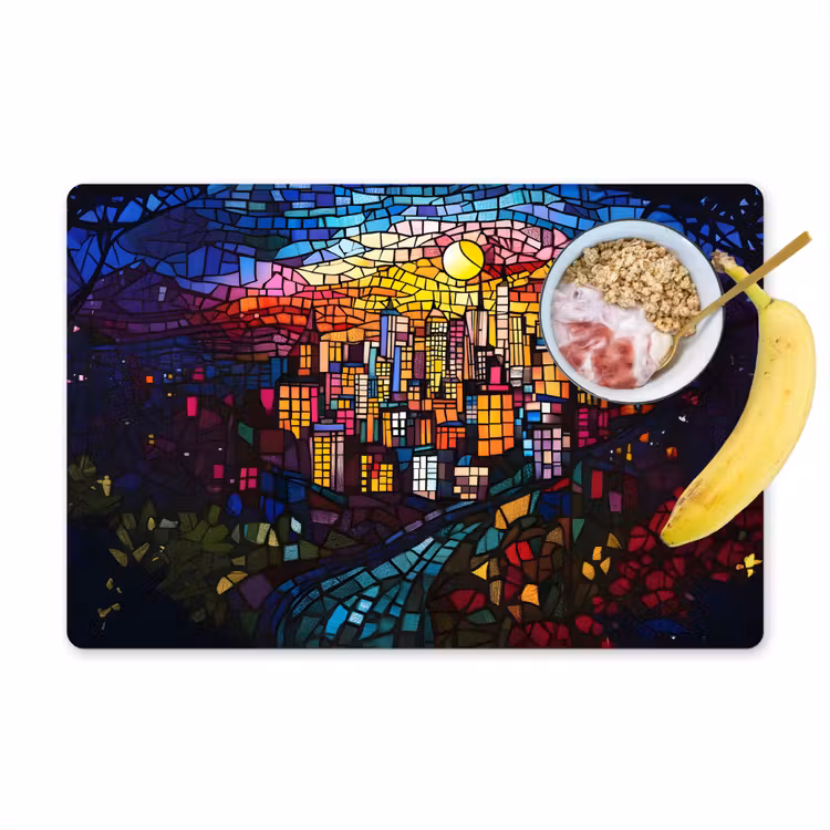 Placemat - 6 stuks - Stad - Maan - Mozaïek - Kleurrijk — 1