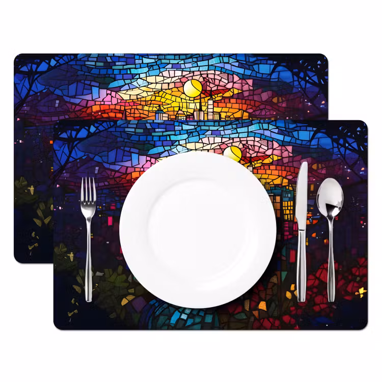 Placemat - 6 stuks - Stad - Maan - Mozaïek - Kleurrijk — 2