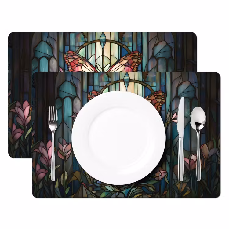 Placemat - 6 stuks - Vlinder - Roze - Bloemen - Bladeren — 2