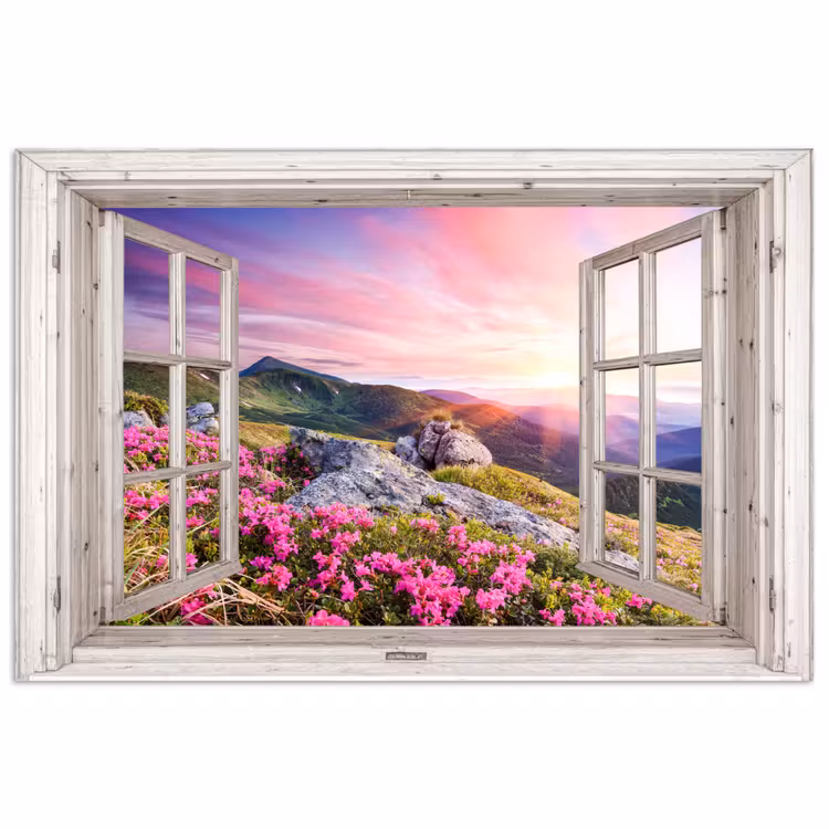 Poster - Bergen - Landschap - Doorkijk - Bloemen - Avond - Roze — 1