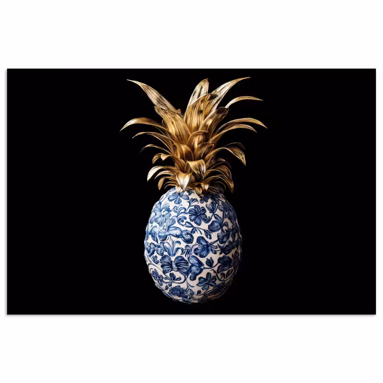 Poster - Ananas - Bloemen patroon - Goud - Delftsblauw — 1