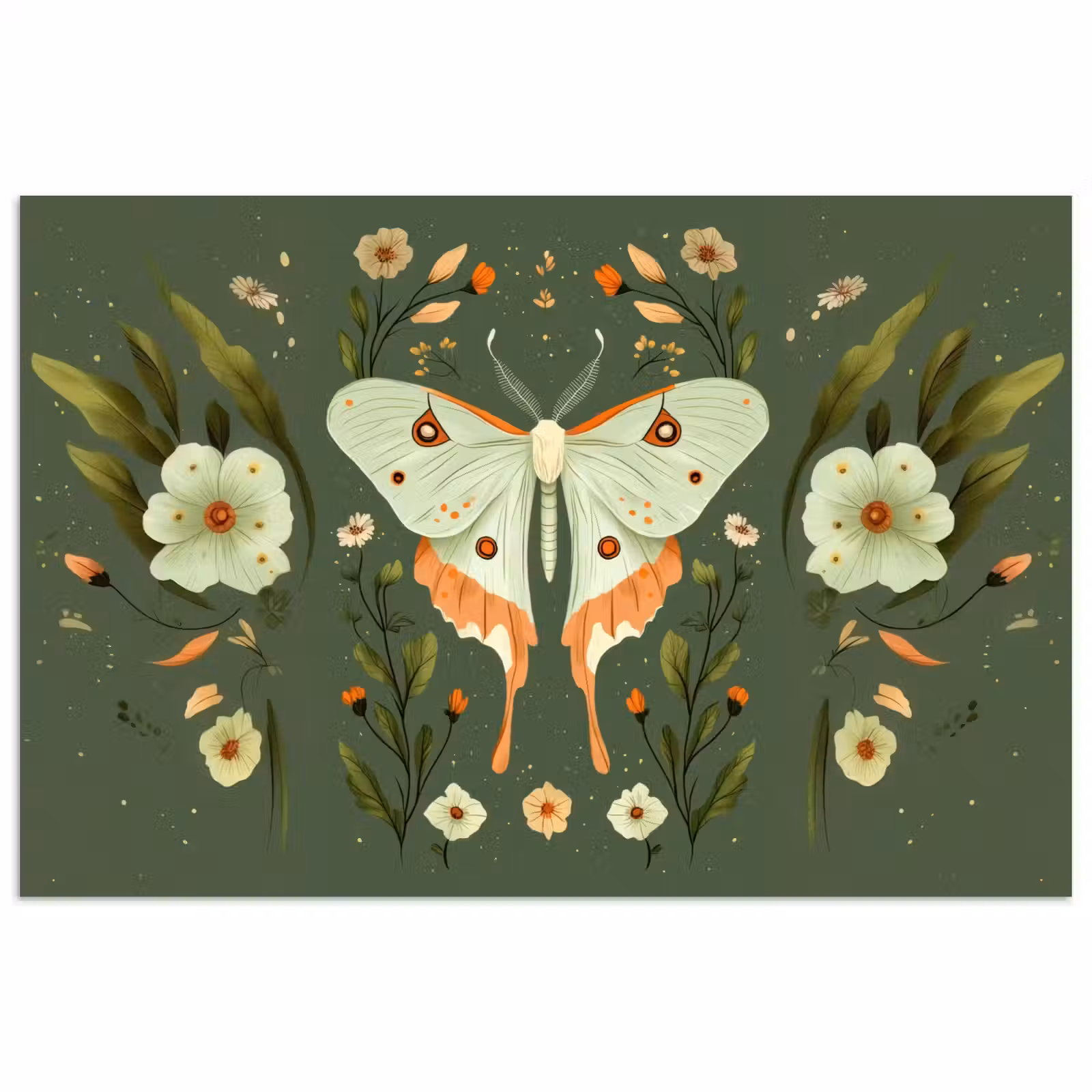 Poster - Bloemen - Bladeren - Olijfgroen - Vlinder — 1