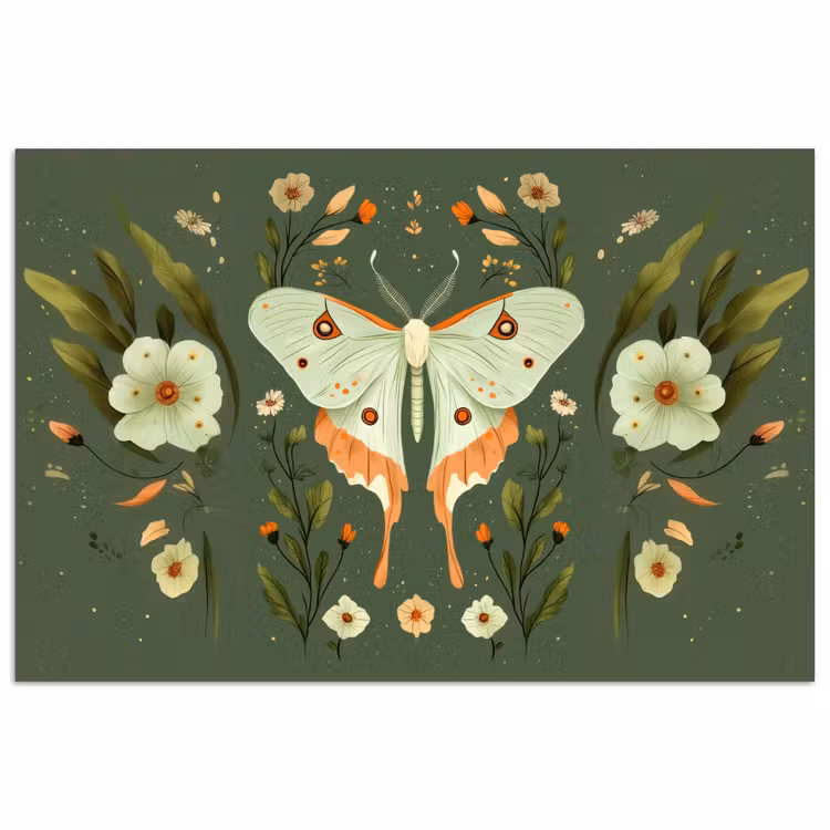 Poster - Bloemen - Bladeren - Olijfgroen - Vlinder — 1