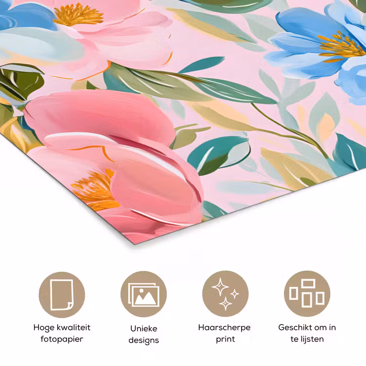 Poster - Blauw - Roze - Bloemen — 5