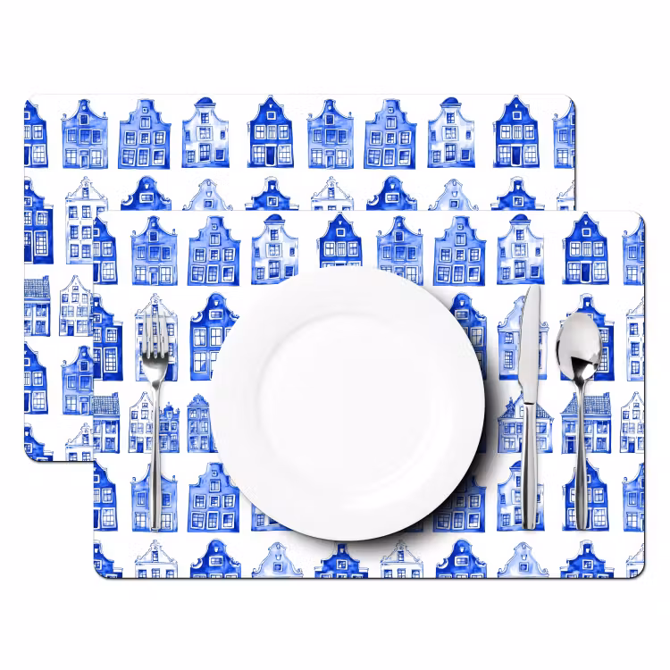 Placemat - 6 stuks - Patroon - Huizen - Blauw — 2