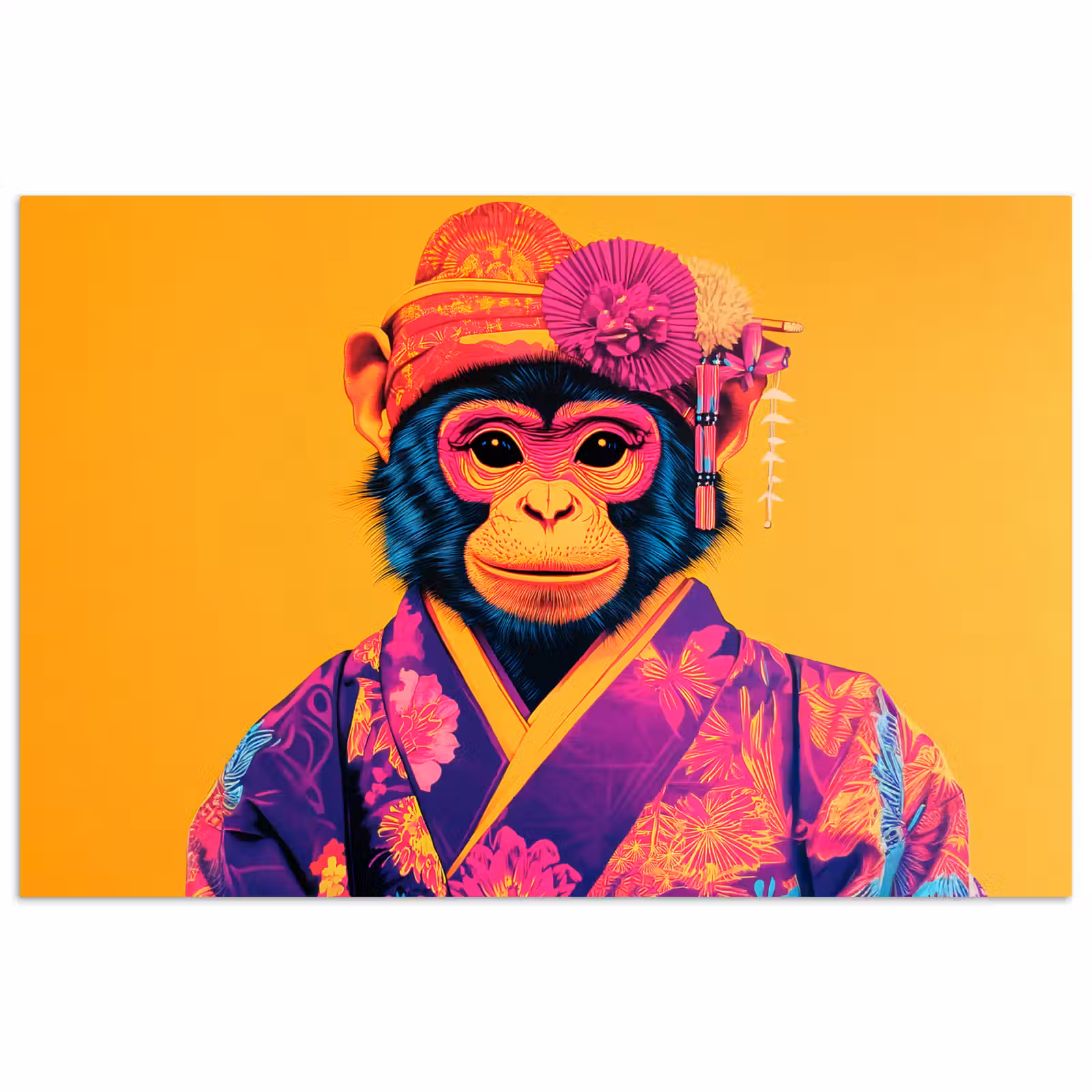 Poster - Aap - Kimono - Bloemen - Hoofdtooi — 1