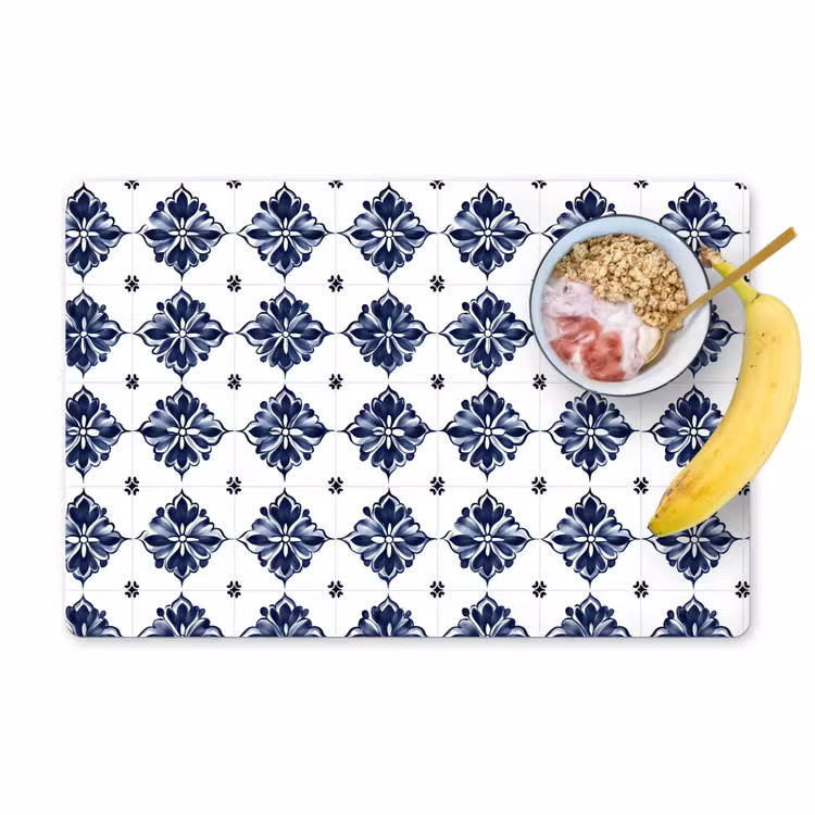 Placemat - 6 stuks - Tegelmotief - Blauw - Wit - Bloem — 1