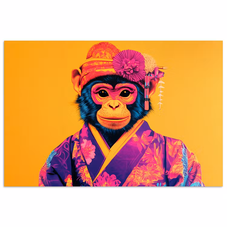 Poster - Aap - Kimono - Bloemen - Hoofdtooi — 1