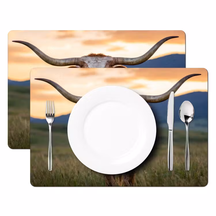 Placemat - 6 stuks - Longhorn - Landschap - Zonsondergang — 2