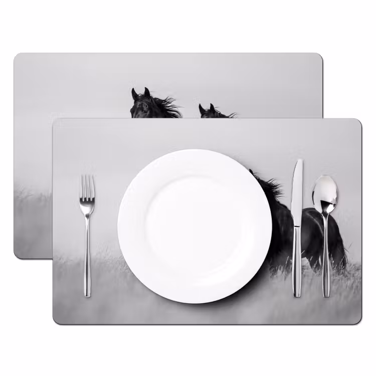 Placemat - 6 stuks - Paarden - Gras - Zwart - Wit — 2