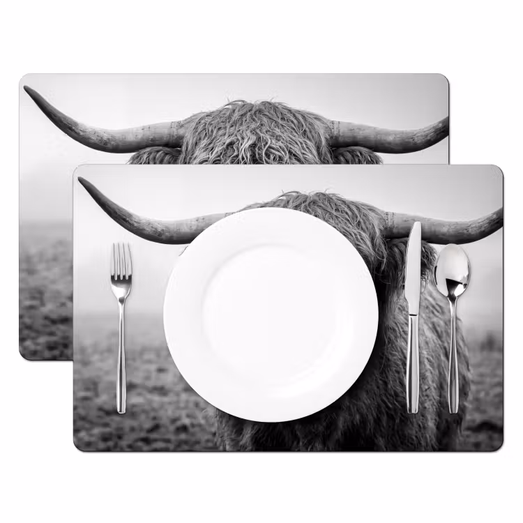 Placemat - 6 stuks - Schotse hooglander - Zwart - Wit - Gras — 2