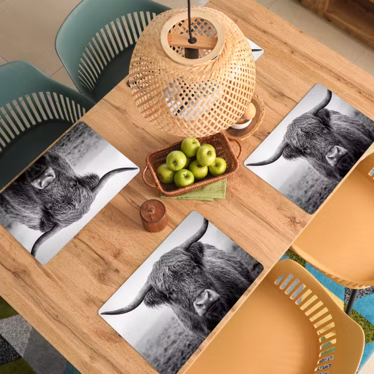 Placemat - 6 stuks - Schotse hooglander - Zwart - Wit - Gras — 6