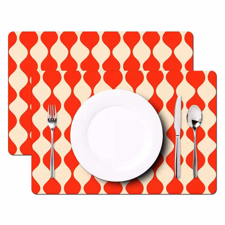 Placemat - 6 stuks - Golvend patroon - Retro - Rood - Beige — 2