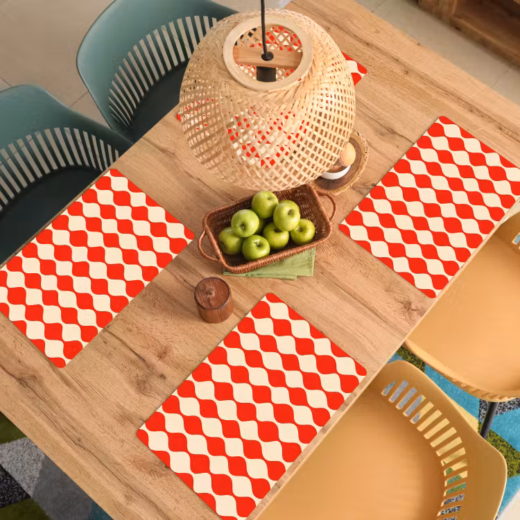 Placemat - 6 stuks - Golvend patroon - Retro - Rood - Beige — 6