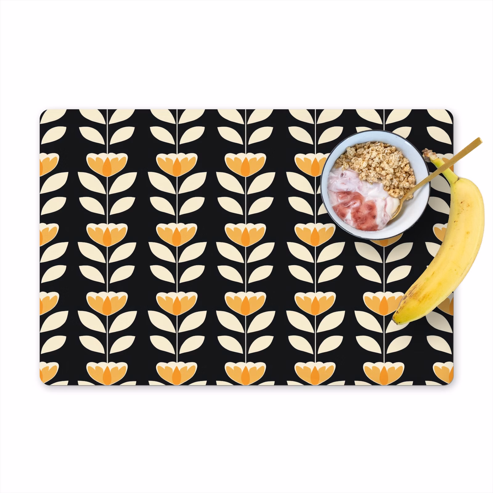Placemat - 6 stuks - Retro - Bloem - Zwart - Okergeel — 1