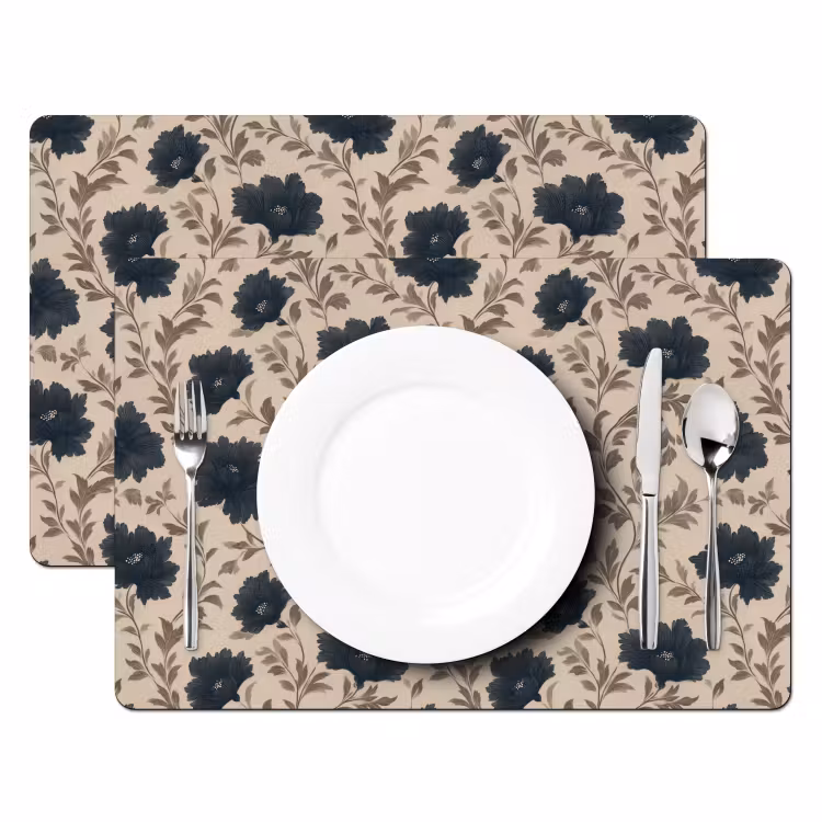 Placemat - 6 stuks - Motief - Bloemen - Zwart - Beige — 2