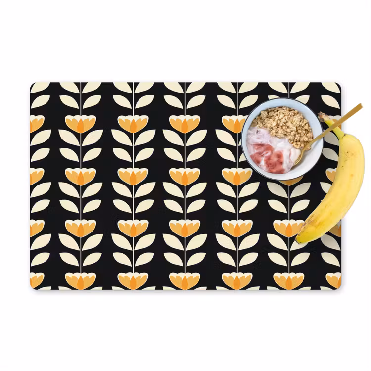 Placemat - 6 stuks - Retro - Bloem - Zwart - Okergeel — 1