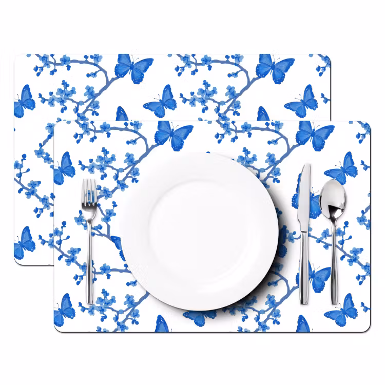 Placemat - 6 stuks - Vlinder - Bloemen - Blauw — 2