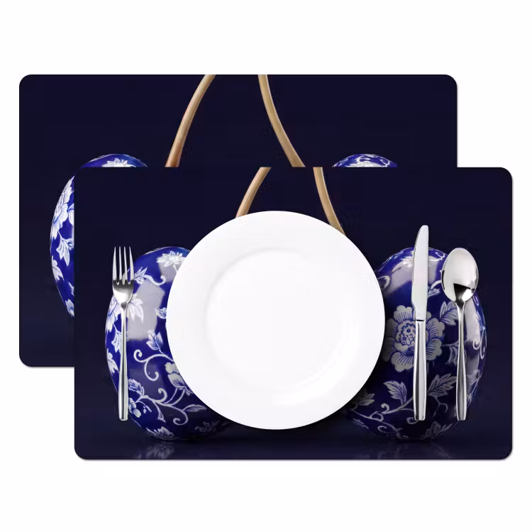 Placemat - 6 stuks - Porselein- Kersen - Delfts - Blauw — 2